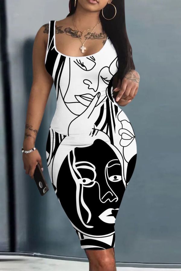 Black White Casual Print Basic U Neck Vest Dresses