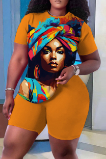 Orange Casual Print Basic O Neck Short Sleeve Two Pieces