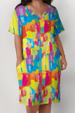 Black Casual Geometric Print Letter Print Pocket Contrast V Neck Printed Plus Size Dresses