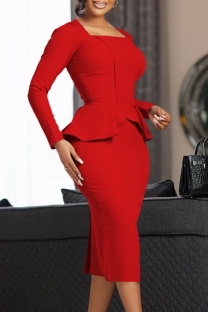 Red Casual Daily Solid Color Slit Patchwork Square Neck Pencil Skirt Plus Size Dresses