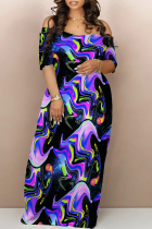 Black Purple Casual Geometric Print Butterfly Print Contrast Off Shoulder Printed Dresses