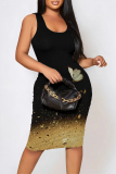 Black Casual Geometric Print Animal Print Flowers Contrast U Neck Printed Dresses