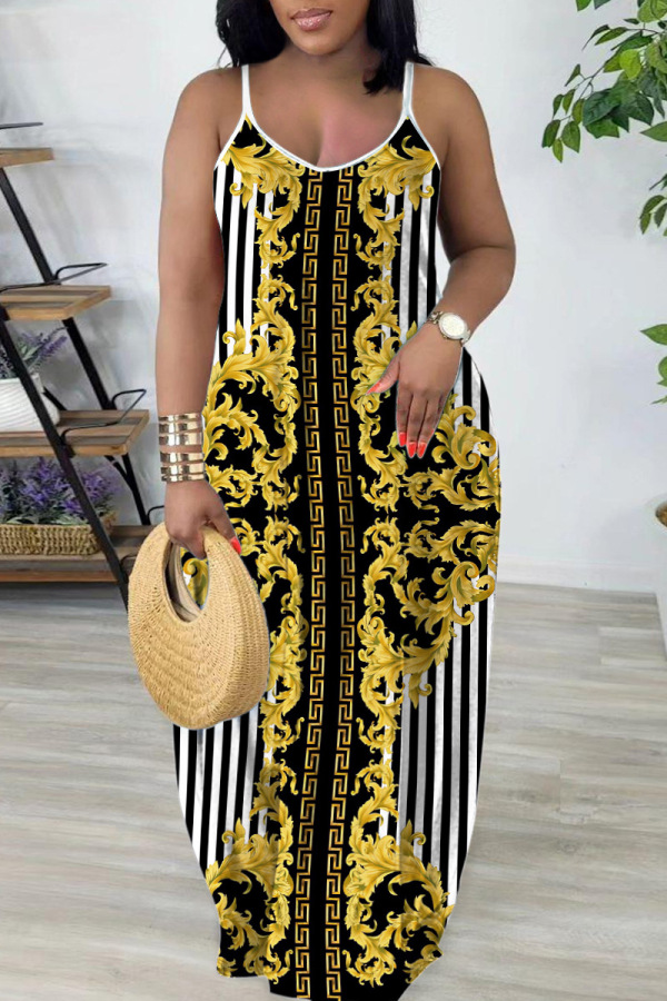 Black Gold Sexy Casual Print Backless Spaghetti Strap Long Dresses
