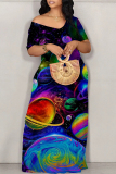 Black Purple Casual Geometric Print Butterfly Print Contrast Off Shoulder Printed Dresses
