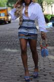 Blue Sexy Patchwork Hollow Out Pocket Buttons High Waist Skinny Denim Skirts