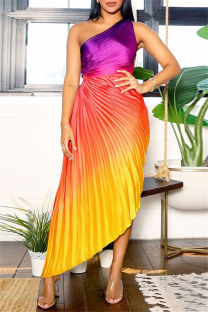 Purple Orange Casual Print Hollow Out Backless Oblique Collar Long Dresses