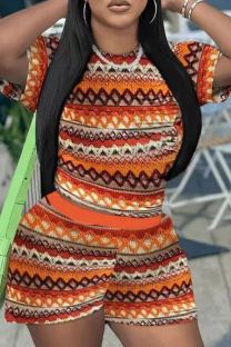 Orange Casual Print Basic O Neck Short Sleeve Two Pieces