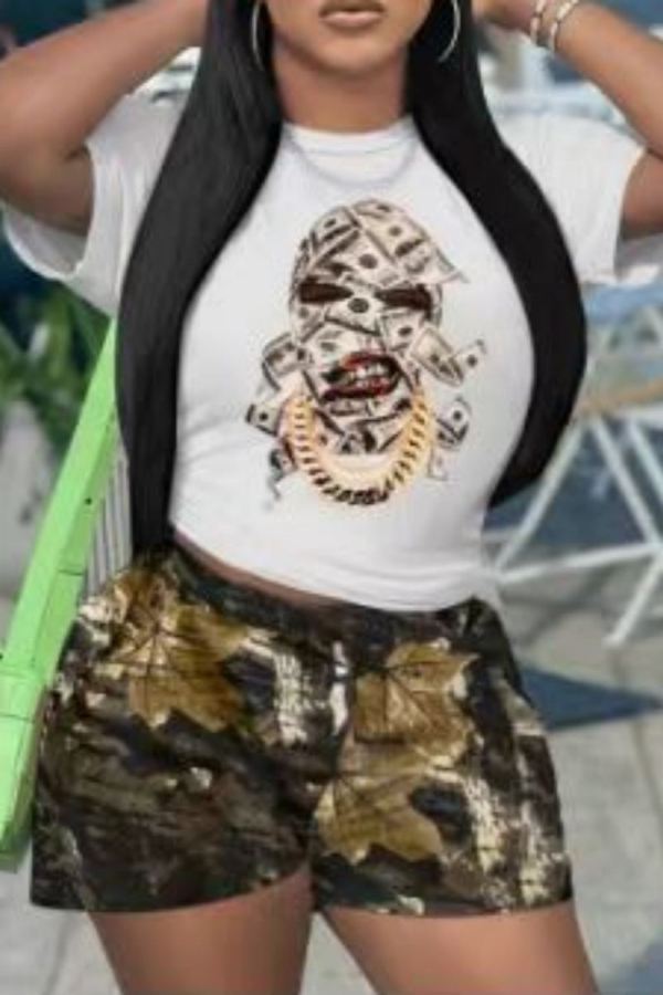 White Casual Print Basic O Neck Short Sleeve Two Pieces