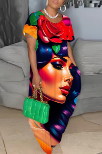 Red Casual Print Basic O Neck Long Plus Size Dresses
