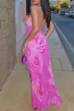 Pink Sexy Print Backless High Slit Patchwork Halter Long Dresses