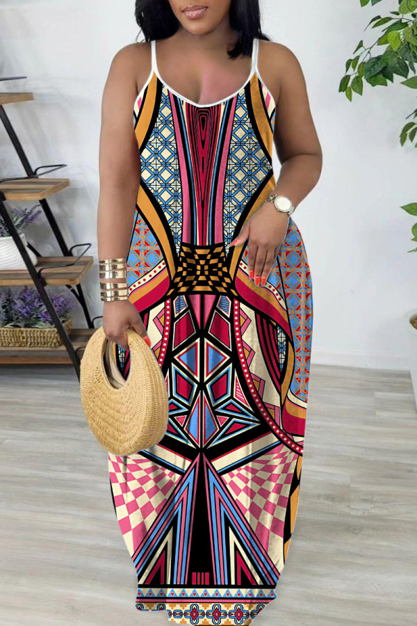 Colour Sexy Casual Print Backless Spaghetti Strap Long Dresses