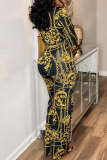 Black Casual Print Deep V Neck Skinny Jumpsuits