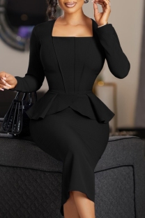 Black Casual Daily Solid Color Slit Patchwork Square Neck Pencil Skirt Plus Size Dresses