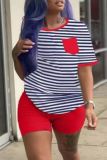 Blue Casual Print Basic O Neck Short Sleeve Two Pieces