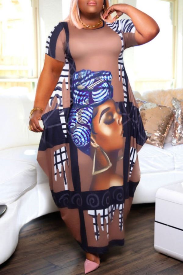 Grey Casual Print O Neck Long Plus Size Dresses