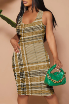 Brown Casual Geometric Print Animal Print Flowers Contrast U Neck Printed Dresses