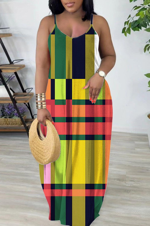 Multicolor Sexy Casual Print Backless Spaghetti Strap Long Dresses