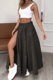 Brown Celebrities Buttons High Slit With Belt Patchwork V Neck Sleeveless Two Pieces