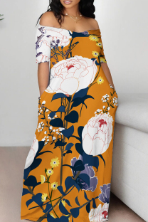 Yellow Casual Print Pocket Patchwork Off Shoulder Long Dresses