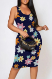 Black Casual Geometric Print Animal Print Flowers Contrast U Neck Printed Dresses