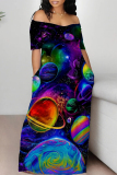 Black Purple Casual Geometric Print Butterfly Print Contrast Off Shoulder Printed Dresses