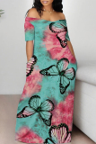 Black Purple Casual Geometric Print Butterfly Print Contrast Off Shoulder Printed Dresses