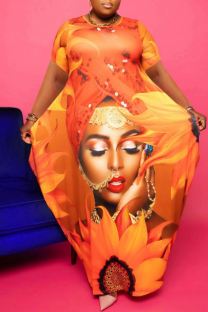 Orange Casual Print O Neck Long Plus Size Dresses