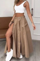 Brown Celebrities Buttons High Slit With Belt Patchwork V Neck Sleeveless Two Pieces
