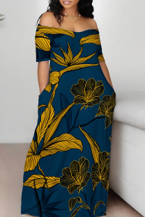 Blue Yellow Casual Print Pocket Patchwork Off Shoulder Long Dresses