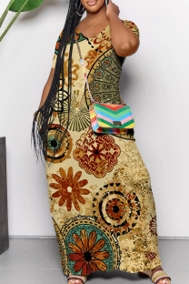 Yellow Casual Print Pocket Patchwork V Neck Long Dresses