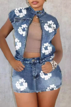 Blue Sexy Print Pocket Buttons Zipper Patchwork Turtleneck Sleeveless Two Pieces