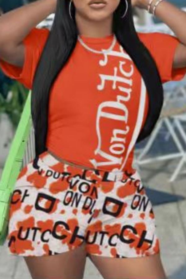 Tangerine Red Casual Print Patchwork O Neck Short Sleeve Two Pieces