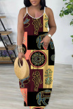 Multi-color Sexy Casual Print Backless Spaghetti Strap Long Dresses
