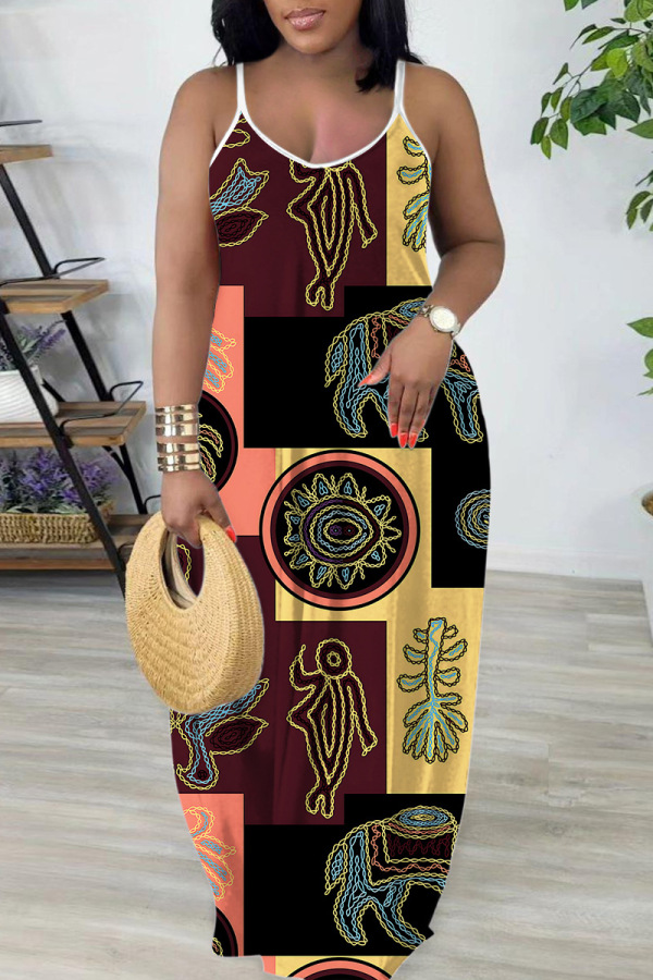 Multi-color Sexy Casual Print Backless Spaghetti Strap Long Dresses