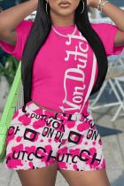 Pink Casual Print Basic O Neck Short Sleeve Two Pieces