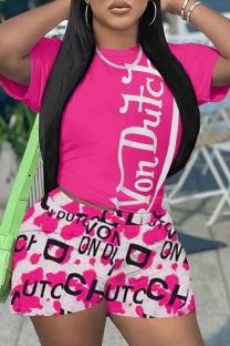Pink Casual Print Basic O Neck Short Sleeve Two Pieces