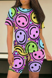 Transparent Color Casual Smiley Face Print Contrast O Neck Short Sleeve Two Pieces