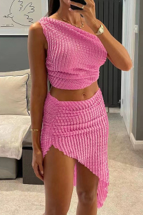 Pink Sexy Solid Color Patchwork Oblique Collar Sleeveless Two Pieces