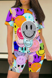 Transparent Color Casual Smiley Face Print Contrast O Neck Short Sleeve Two Pieces