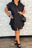 Black Casual Solid Color Buttons Turndown Collar Shirt Short Sleeve Dress