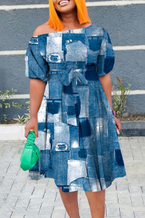 The cowboy blue Sexy Print Strap Design Patchwork Oblique Collar A Line Plus Size Dresses