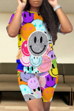 Transparent Color Casual Smiley Face Print Contrast O Neck Short Sleeve Two Pieces