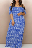 Blue Casual Print Backless Patchwork Off Shoulder Long Dresses
