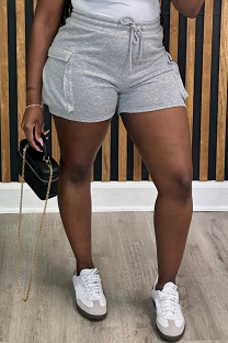 Grey Casual Sportswear Solid Color Pocket Bodycon High Waist Conventional Solid Color Shorts