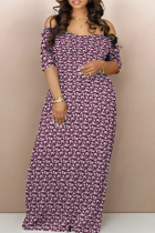 Deep Red Casual Print Backless Patchwork Off Shoulder Long Dresses