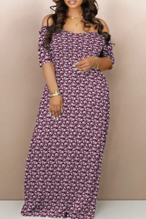 Deep Red Casual Print Backless Patchwork Off Shoulder Long Dresses