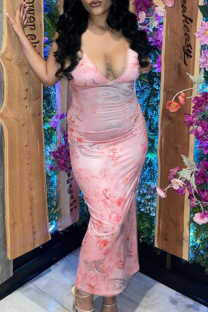 Pink Sexy Print Backless Patchwork Spaghetti Strap Sling Dresses