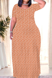 Orange Casual Print Patchwork O Neck Straight Dresses