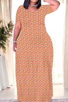 Orange Casual Print Patchwork O Neck Straight Dresses