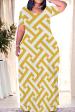 Yellow Casual Daily Geometric Print Contrast O Neck Printed Dresses